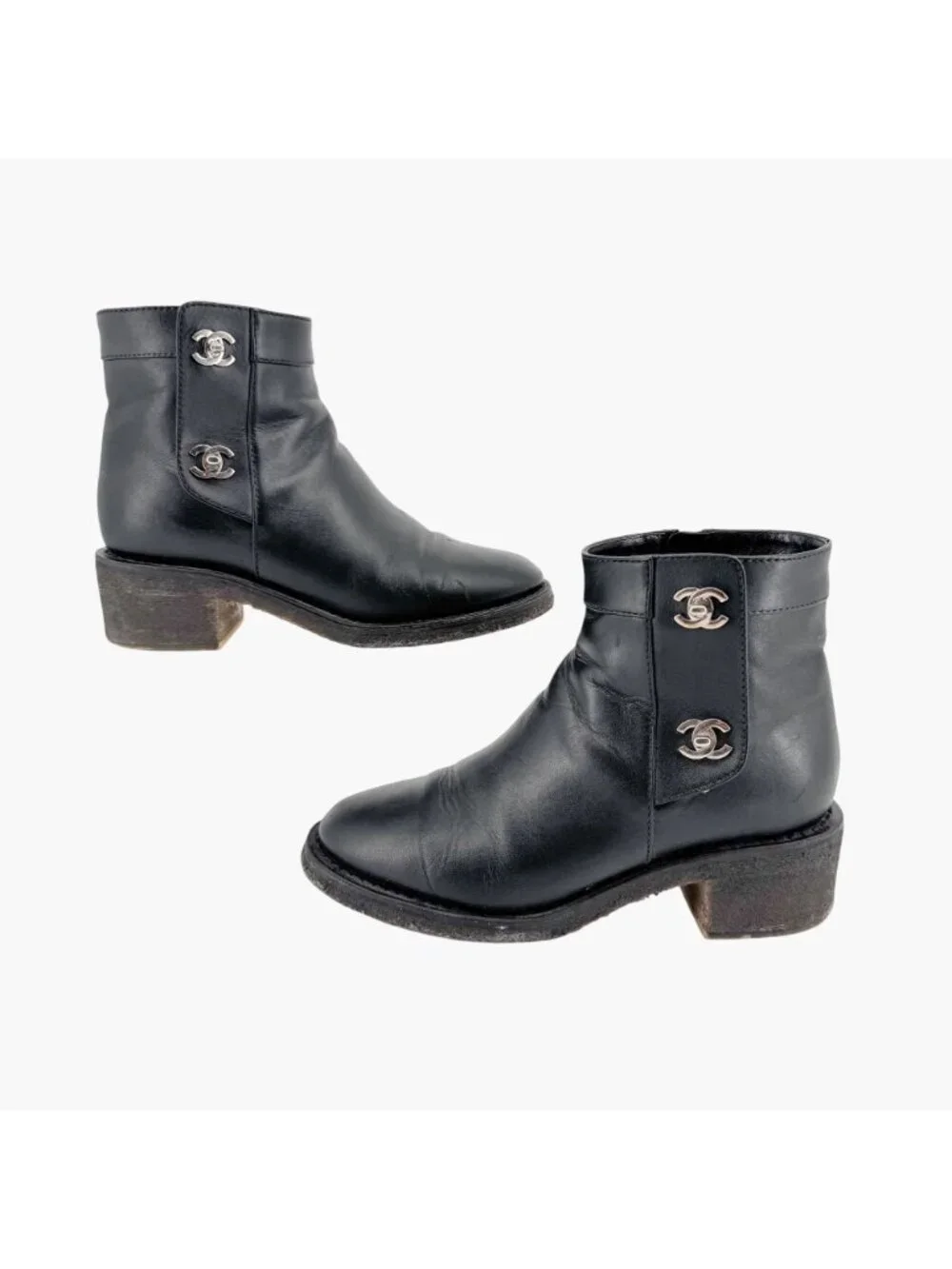 Chanel CC Turnlock Ankle Boot Size 36.5 US 5.5-6 Black Leather Moto Biker Bootie
